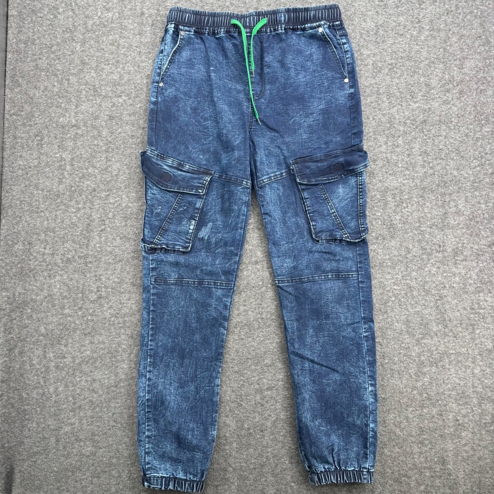 Street Rules Boys Blue Acid Wash Denim Cargo Joggers Size 18 Neon Drawstring